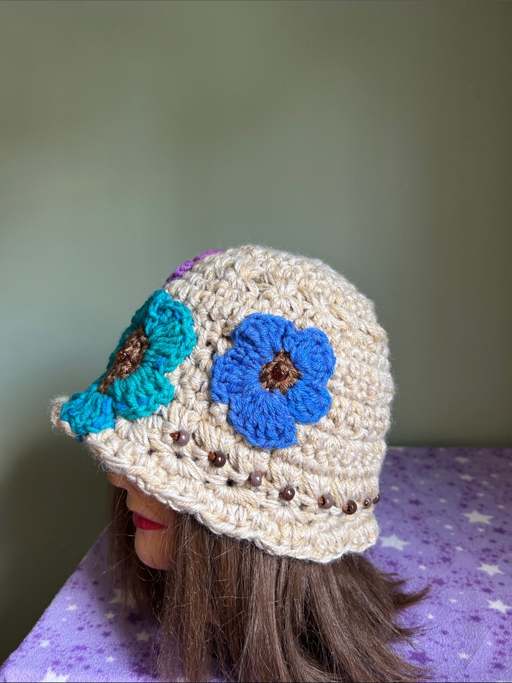 Crochet Flower Beanie with Turquoise and Purple Accents acrylic hemp yarn - Picture 7 of 8